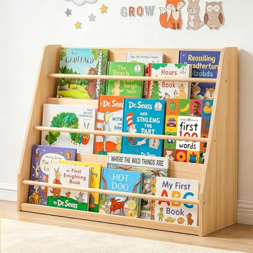 Image of XiaZ Kids Bookshelf, 3-Tier Wooden Montessori Display for Toddlers | Solid Pine Wood, Stable Trapezoid Base, Rounded Corners, Front Display, Compact, Holds 40-60 Books, Easy 20-min Assembly