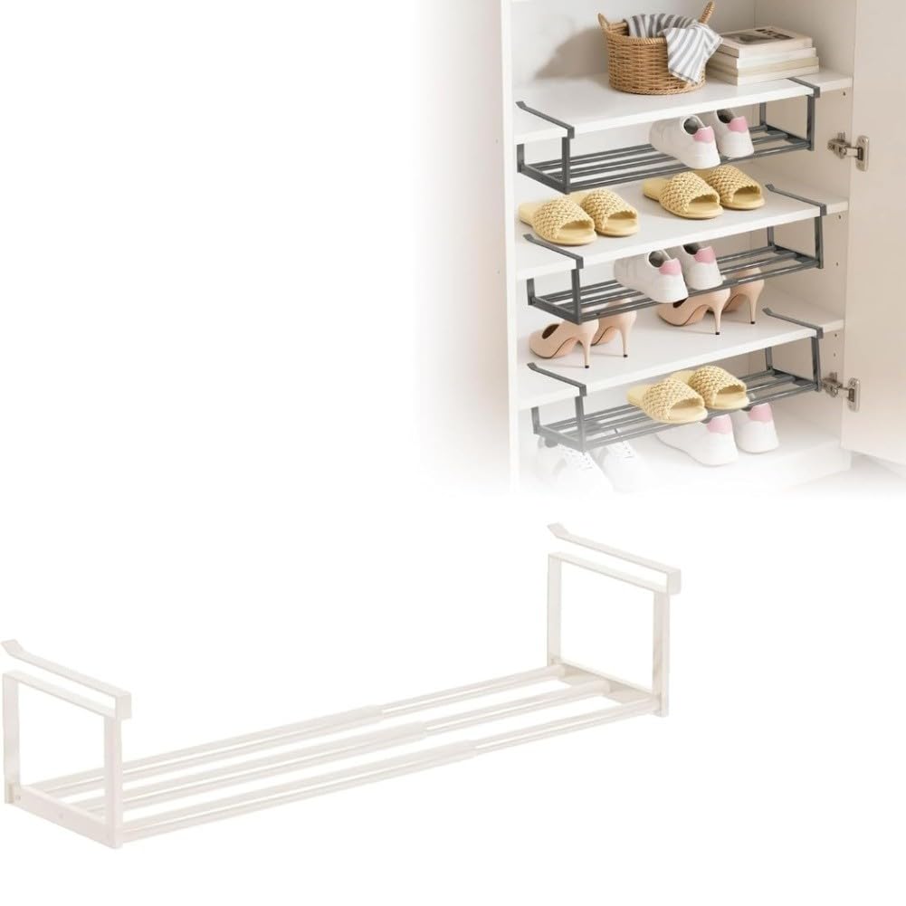 Scaffale telescopico regolabile, espandibile in acciaio al carbonio, organizer per scarpe, armadio da cucina, salvaspazio, 70 x 20 x 10 cm, bianco