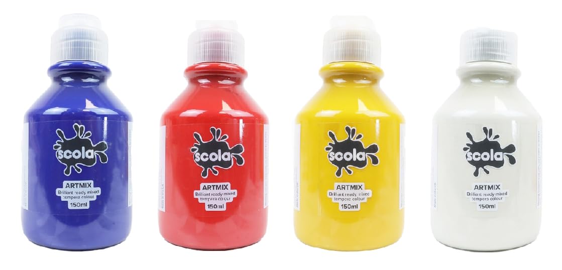 Scola Readymix Water Based Tempera Paint, 4 Assorted Primary Colours, 150ml Bottles, Non-Toxic Poster Paints, Craft Projects, Suitable for 3+