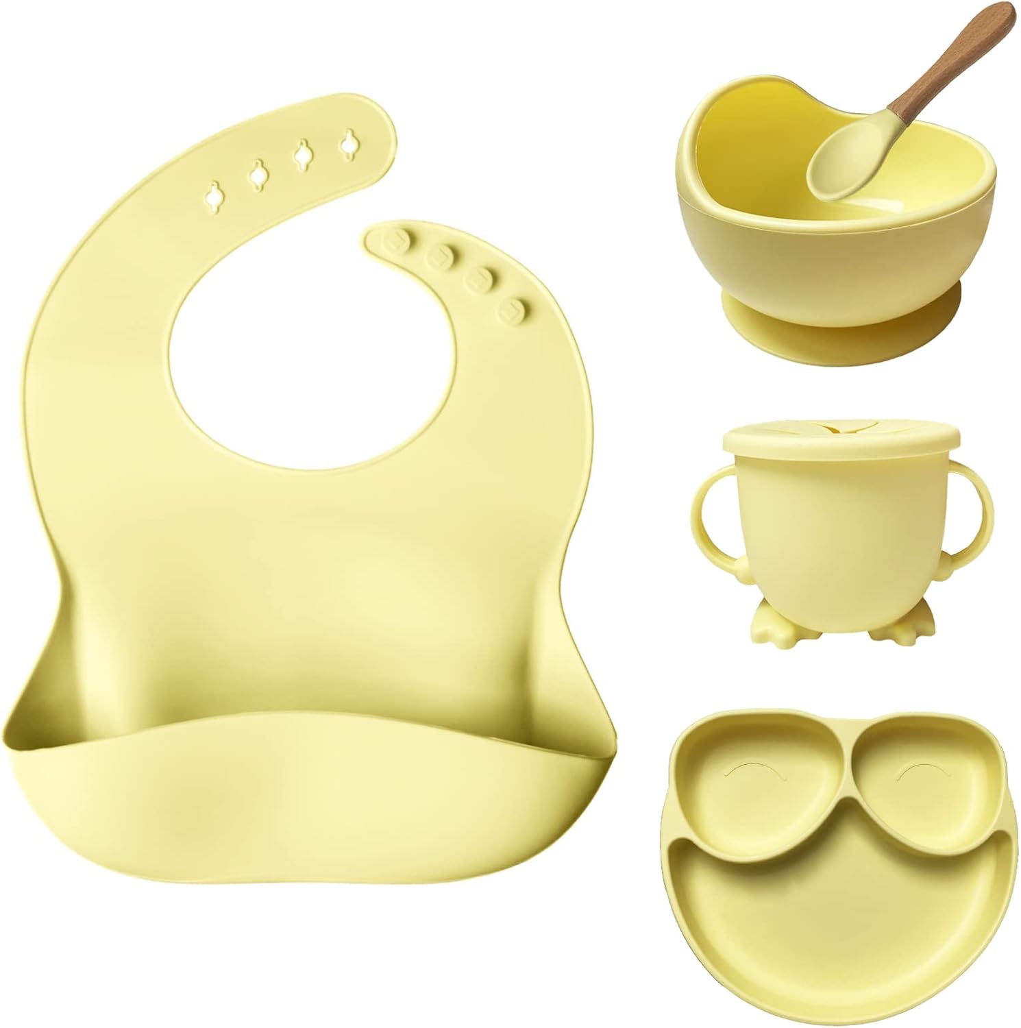 CAMBA Juego Vajilla Bebe Infantil de Silicona con Ventosa, 7 Pcs, Incluye Cuenco Ventosa Bebe, Plato Bebe Ventosa, Cuchara, vaso antiderrame bebe y baberos bebe silicona, vajilla completa (Amarillo)