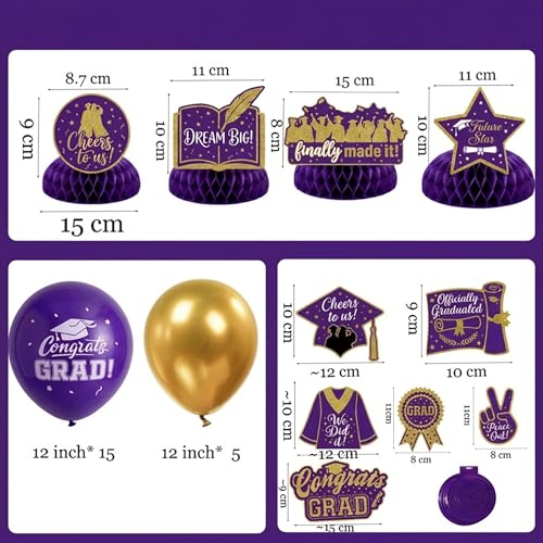 Image of Purple Gold Balloon Garland Arch Kit with backdrop Stars Graduation Cap crown GRAD Letters Mylar Balloons for 2026 graduate Prom Decorations