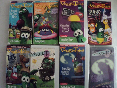 Veggie Tales Kids and Children 7 Pack VHS Movies: Dave and the Giant Pickle, Madame Blueberry, Where's God When I'm S-scared, Sumo of the Opera, Lyle the Kindly Viking, God Wants, Larry-boy & the Fib From Outer Space