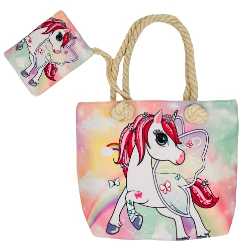 Genérico Bolso Unicornio PEQUEÑO Mariposas Playa Piscina Niña Infantil con Regalo bolsita Cremallera 29x23cm.