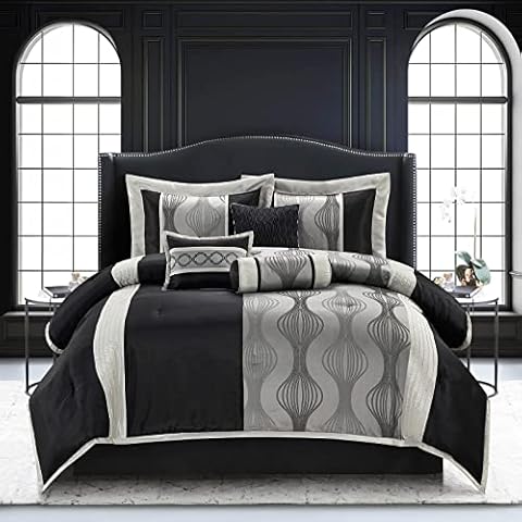 Stratford Park Elegant Black and Silver Comforter Set King Size, 7 Pieces Bedding & Collection, Jacquard All Season Comforter & Pillows, Ultra-Soft Microfiber Cover
