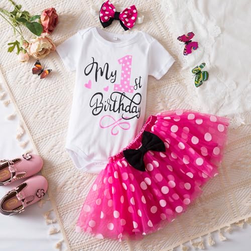 TTYAOVO Baby Girl 1st Birthday Outfits Sets Polka Dot Dress Romper+Tutu Skirt+Headband2