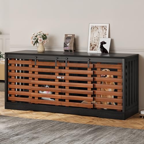 DWVO 71" Double Dog Crate Furniture for 2 Dogs with Sliding Fence Door, Heavy Duty Dual Dog Kennel TV Stand Large Dogs, Indoor Decorative Wooden 2 Dog Cage Table for Living Room, Black & Walnut