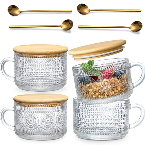 4pcs Set Vintage Coffee Mugs gifts for women, Overnight Oats Containers with Bamboo Lids and Spoons – 14oz Clear Embossed Glass Cups, Cute Coffee Bar Accessories, Iced Coffee Glasses