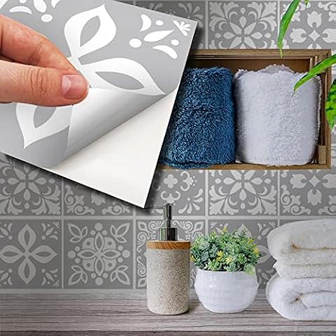 WALPLUS Wall Tile Sticker 15cm(6") 24 pcs Light Grey Cement DIY Art Home Decorations Stick on Tiles Decals Splashback for Kitchen Decor Bathroom Ideas Peel and Stick Backsplash Tile Paint Cover