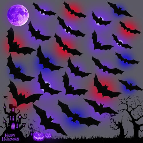 24 unidades morcegos decoração de Halloween, luminosos 3D autocolantes Halloween PVC morcegos autocolantes parede decorativos com luzes LED para interiores portas e paredes, artigos festivos (colorido