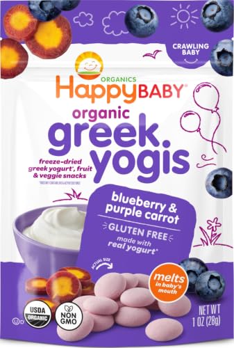 Image of Happy Baby Organics Baby Snacks, Greek Yogis, Freeze Dried Yogurt &Veggie Fruit Snacks, Gluten Free Snack for Babies 9+ Months, Blueberry & Purple Carrot, 1 Ounce