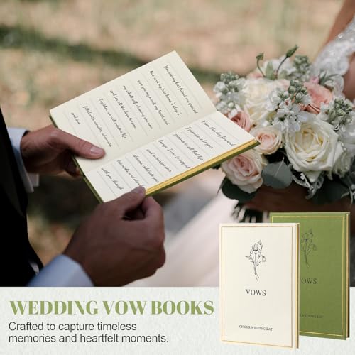 Image of Engrowtic Set of 2 Wedding Vow Books His and Hers Vows on Our Wedding Day Notebooks with Gold Foil Fabric Cover 5.8 inchx 4.1 inch Bride and Groom Gift for Newly Engaged Couple, 60 Lined Pages(Green, Beige)