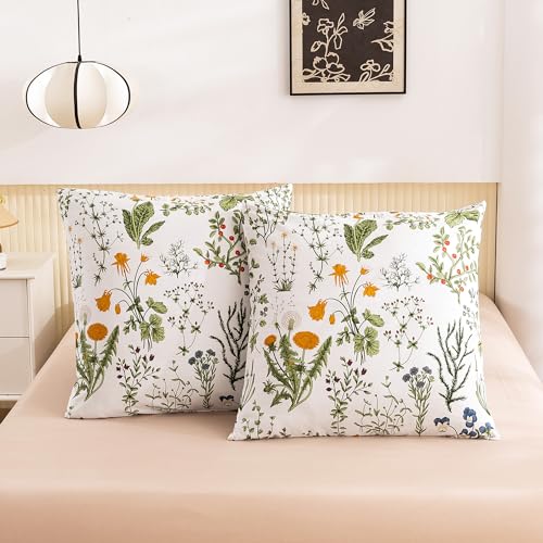 Image of ECOCOTT 2 Pack Pillowcase Euro Size with Green Botanical Floral Leaves Pillow Cases Set, 100% Cotton Queen Pillow Covers Envelope Closure (Euro, 26 inchx26 inch)