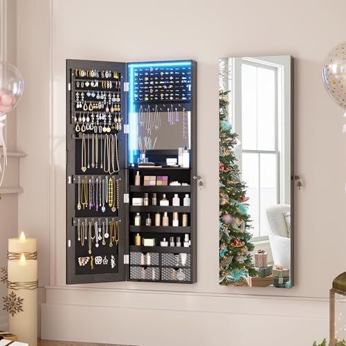 Miniatura 9 de Vlsrka Led Armario Joyero Con Luz, Armario Espejo Joyero De Pared, Espejo Joyero De Puerta Con Cerradura, Armario Espejo Colgante Con 3 Luces Colores, Espejo Armario Con Joyero Almacenamiento, Negro