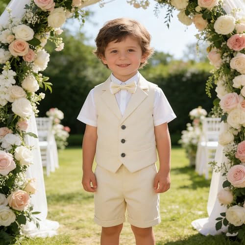 Image of LOLANTA Boys 4PCs Summer Suits, Short Suit Set for Wedding Ring Bearer Outfits Dress Clothes Vest Shirt Shorts Bow Tie
