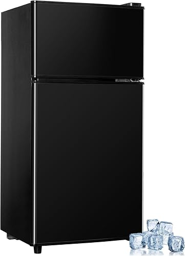 Mini refrigerador con congelador, 3.2 pies cúbicos, pequeño refrigerador, 7 termostatos ajustables, ahorro de energía, bajo nivel de ruido, Negro