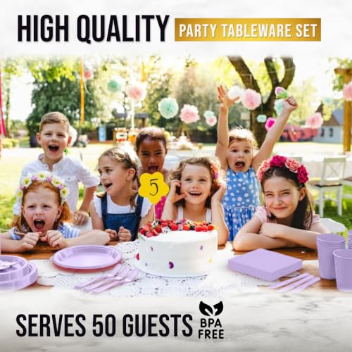 Image of Exquisite 350 Pcs Lavender Plates and Napkins Party Supplies Plate Sets | Sturdy Plastic Dinnerware Set With 9 inch & 7 inch Plates, 12 Oz Cups, Lunch Napkins and Cutlery Serves 50 for Birthdays & Everyday