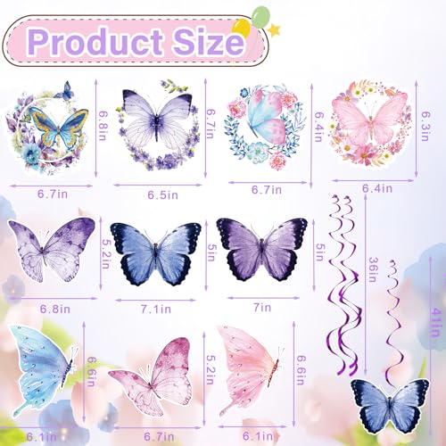 JUNEBRUSHS 46Pcs No Installation Hanging Butterfly Decorations Butterfly Birthday Decorations Spring Summer Themed Swirls Garland for Girl Birthday Wedding Party Baby Shower Garden Party