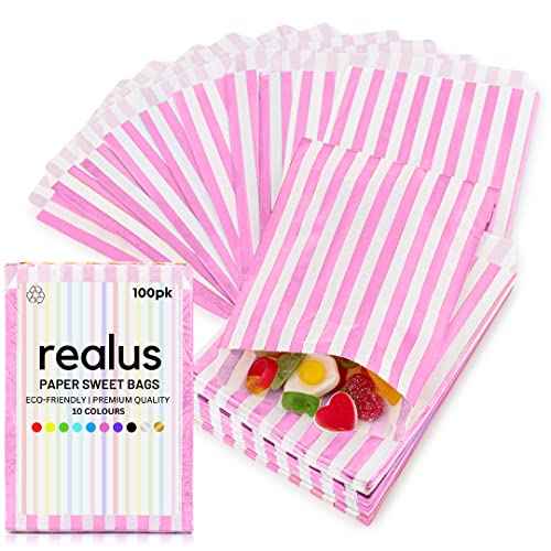 Pink Paper Sweet Bags 5 x 7 | REALUS 100pk Small Empty Sweets Bag | MADE IN BRITAIN | Retro Candy Stripe Sweetie Bags Perfect for Kids Party Pic n Mix Shop Wedding Favours Popcorn