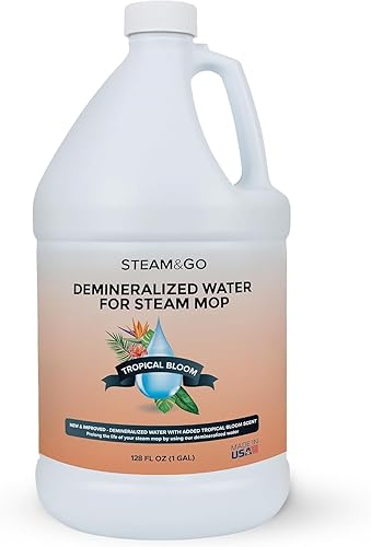 Steam and Go Agua desmineralizada, aroma de floración tropical, solución de limpieza para trapeador de vapor, solución limpiadora de pisos y más,