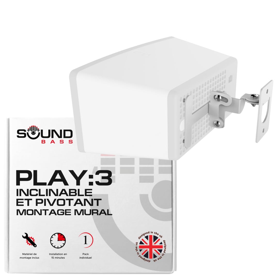 Play 3 Fixation Murale, Mécanisme de Basculement et de Rotation Ajustable, Crochet Simple pour Haut-Parleur Play:3 avec Accessoires de Fixation, Blanc, Conçu au Royaume-Uni par Soundbass