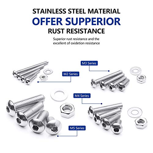 Nindejin Metric Button Head Socket Cap Screw Bolts & Flat Washers & Nuts Assortment Kit M2 M3 M4 M5 Stainless Steel Machine Screws Set And Wrench, 880Pcs #TOP2