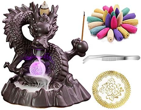 OMME Backflow Incense Burner Incense Holder Dragon Antique Ceramic Aromatherapy Ornament Home Décor Yoga + 20 Upgraded Incense Cones (LED Dragon)