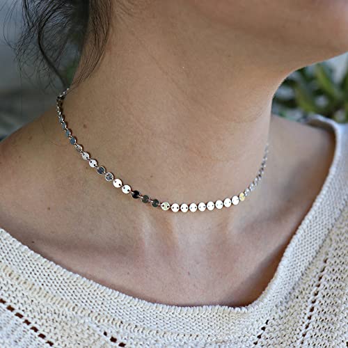 Chesky CK-06-MULTI DISCS-SL Silver Plated Disc Choker Necklace Dainty Coin Chain Adjustable Tattoo Simple Sterling Silver Short Flat Sequins Jewelry Gifts thumb #1