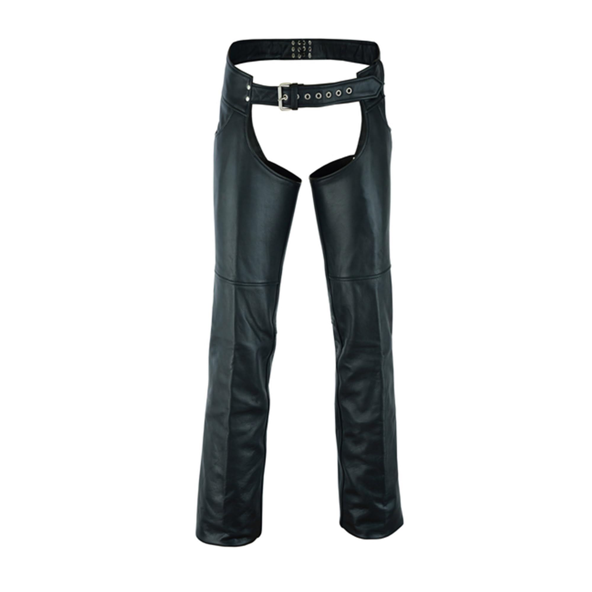 Daniel Smart Motorcycle Leather Chaps – All Season Unisex Biker Pant with Customizable fit and Jean Style Pockets (Medium-Tall) Black
