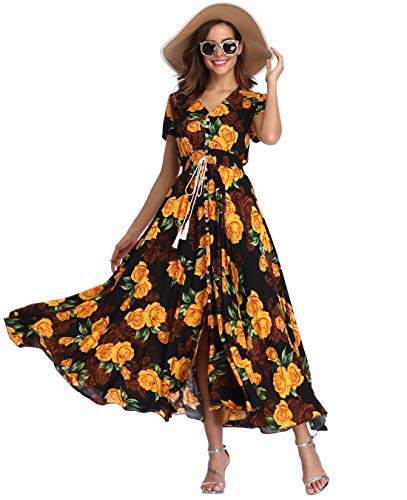 Image of Ferrendo Women's Floral Maxi Dress Button Up Split Flowy Bohemian Party Beach Dresses