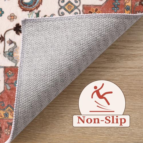 SERISSA Boho 8x10 Area Rugs Orange, Washable Vintage Large Living Room Rug Non-Slip, Ultra Soft Oriental Print Distressed Farmhouse Carpet for Dining Room Bedroom Dorm Office Home Decor
