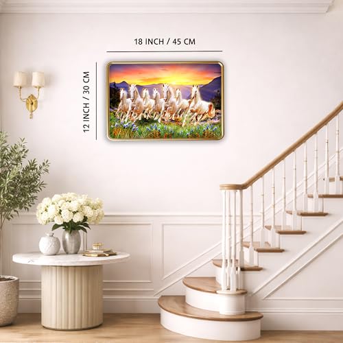 Image of XOPY Seven Running Horses with Golden Frame | Vastu 7 horses Raw Pyrite Painting for Home, Office & Living Room Wall Decore | 12X18 Inch Sparkle Laminated Frame | Best For Gifting (3095, 12X18)