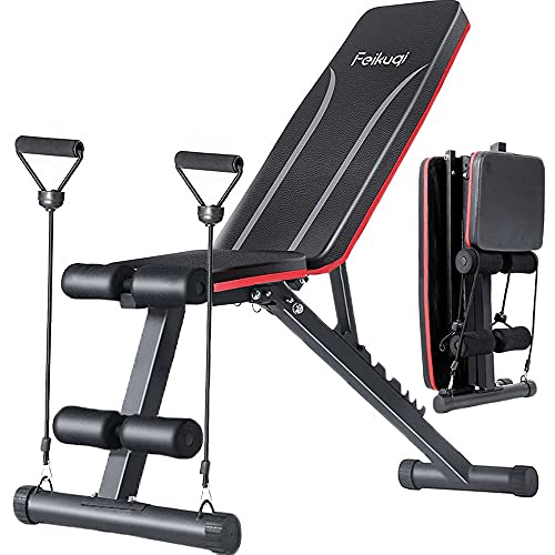 Workout Weight Bench, Feikuqi Adjustable Strength Training Benches for Home Gym Full Body Exercise, Folding Incline Bench Press with Resistance Bands