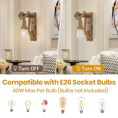 Image of KEESFU Wall Sconce Set of 2, Farmhouse Wood & Hemp Rope Wall Mount Light Fixture, Rustic Light Fixtures for Bedroom Entryway Hallway Living Room.