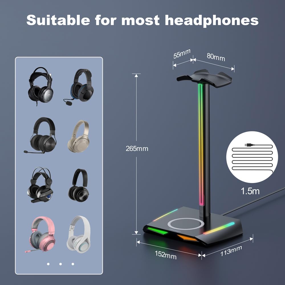 Feegar Hold RGB Kopfhörer Ständer mit Wireless Ladegerät,Gaming-Headset-ständer Headset Halterung Wireless Charge Kopfhörer Halter mit 1*USB 2*Typ-C 11 Lighting Effects Modes