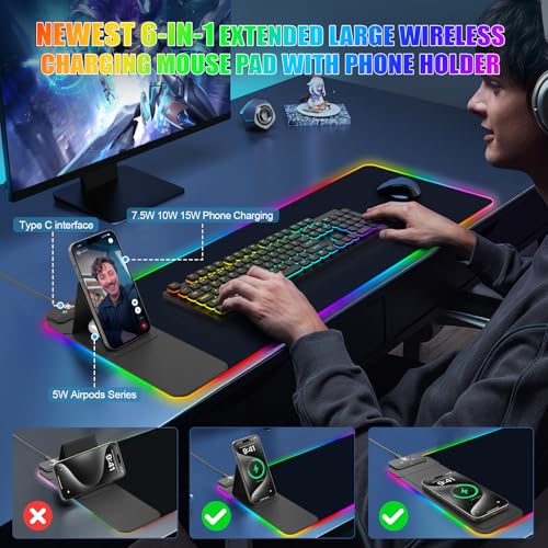 Image of Mouse Pad with Foldable Phone Holder & Wireless Charger, XL RGB Gaming Mousepad 31.5 inchx11.8 inch Large Desk Mat for Keyboard, Home Desk Pad with Dual Qi Charging Station | 11 Colors & 5 Modes | Waterproof