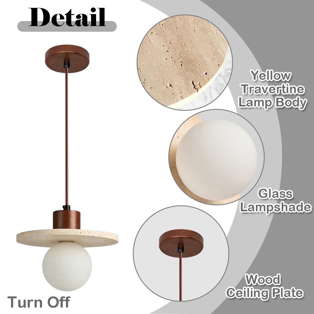 Lampada a sospensione Wabi Sabi in travertino giallo, lampada a in pietra naturale giapponese da 7,8 pollici, paralume in vetro con base G9 regolabile in altezza
