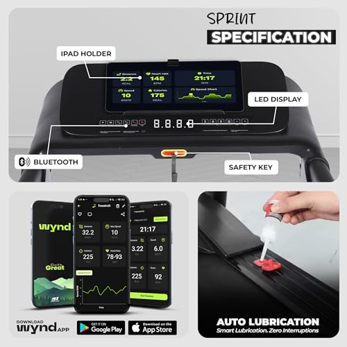 Image of Sprint 5 HP Peak BLDC Motorized | Hydraulic Foldable Treadmill | 16 Km /Hr Max Speed| 140Kg User Weight| Bluetooth Speaker| Wynd app | Home use