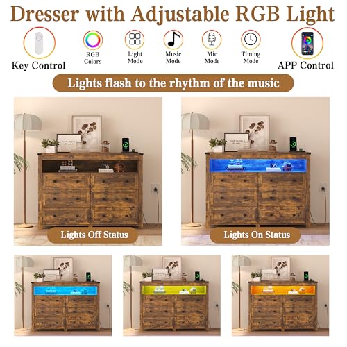 Image of Wodeer Brown Dresser 6 Drawer Dressers for Bedroom with LED Lights, Charging Station, Wood Chest of Drawers with Metal Handles, Modern TV Stand Storage Cabinet for Living Room, Hallway, Entryway