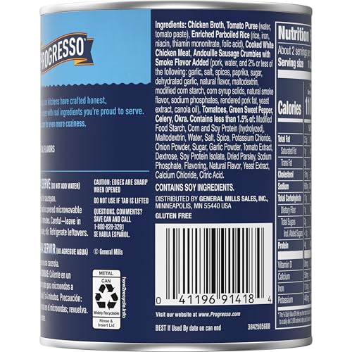 Image of Progresso Traditional Chicken & Sausage Gumbo Soup, Gluten Free, 19 oz | Andouille sausage, rice & tender chicken, 110 calories per serving, No artificial flavors, Ready to serve