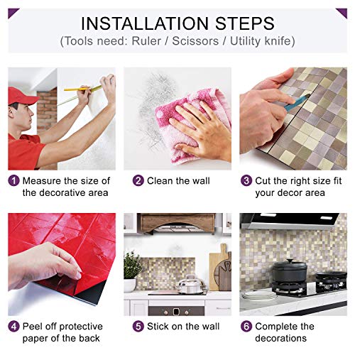 HomeyMosaic Peel and Stick Tile Backsplash for Kitchen,12"x12" Aluminum Surface 3D Wall Sticker Plaid(5 Sheets,Gradient Champagne Gold) - Thumbnail 3