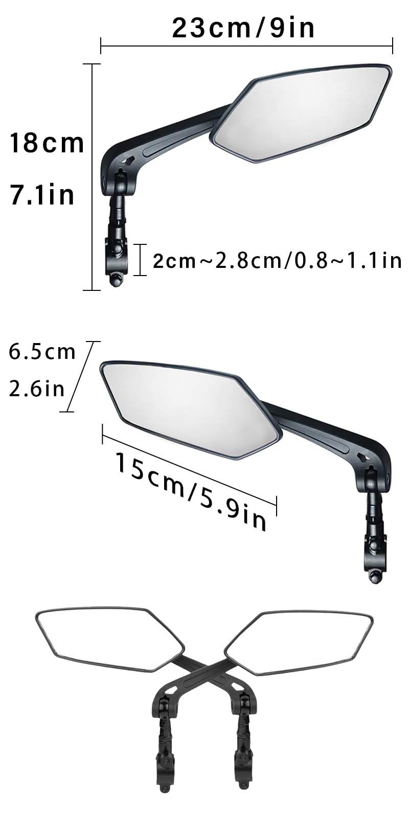 2 pezzo Specchietto retrovisore per bicicletta,Specchietto retrovisore girevole per bicicletta, Specchietto retrovisore della bicicletta, Specchietto Bici, per manubri da 2,0 cm a 2,8 cm, nero