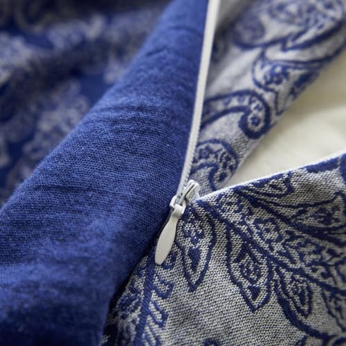 VM VOUGEMARKET Navy Blue Duvet Cover Queen,3 Pieces Retro Boho Paisley Bedding Set,Linen Cotton Yarn-Dyed Textured Duvet Cover with Zipper Closure