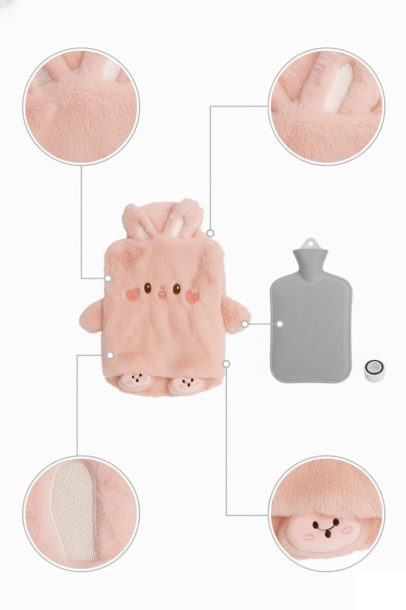 FYCAN Hot Water Bag With Leakproof lid Plush Cover Refillable Anti-leakage Pain Relief Bag For Periods Muscles Pain Hand Feet And Belly Warmer In Rabbit Design for Hot and Cold Therapy(1 litre) 1