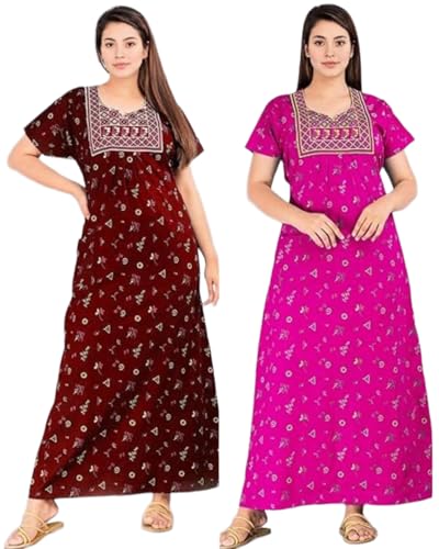 Image of Bresdk Women's Cotton Embroidered Jaipuri Nighty Gown - Pack of 2 Rajasthani Print Maxi Night Dress with Pocket - Soft & Comfortable Ladies Sleepwear & Loungewear