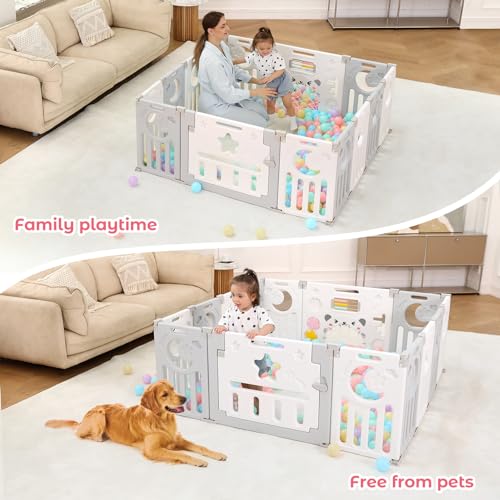 Baby Playpen, Dripex Foldable Baby Play Yard, Toddler Safety Fence, 14-Panel Adjustable Portable Play Area for Indoor/Outdoor, Grey White