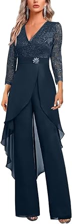 2 Pieces Mother of The Bride Pant Suits for Women Dressy V Neck Lace Grandmother of The Bride Pantsuits for Wedding DP018 Navy Blue