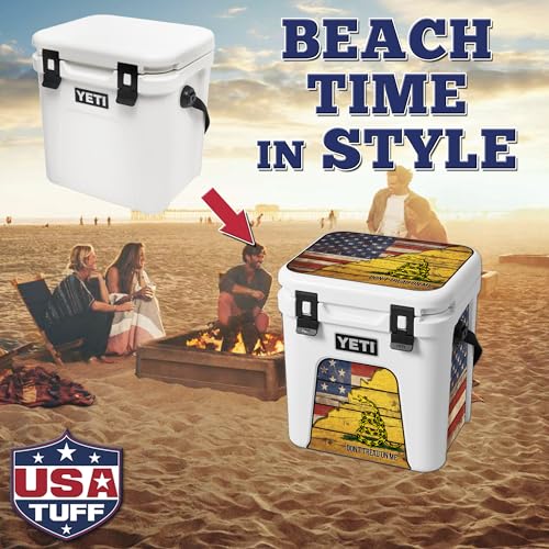 Image of USATuff Vinyl Cooler Lid & Insert Kit Compatible with YETI 24 qt Roadie | Easy Peel & Stick Application Cooler Skin Decal Wrap | Durable Pre-Cut Pieces | for Outdoor Use - Gadsden Don't Tread Split