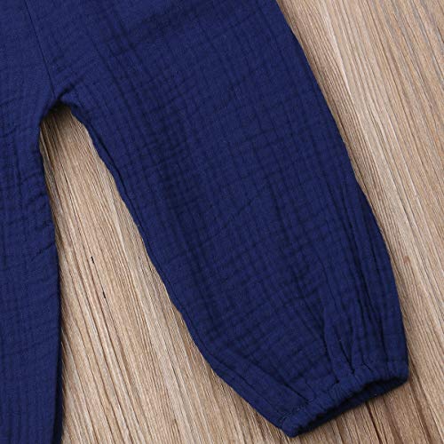 Mubineo Toddler Baby Girl Summer Fall Basic Plain Short Sleeve Cotton Linen Drawstring Romper Jumpsuit (Royal Blue, 2-3T) #TOP6