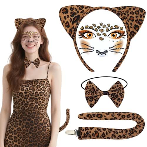 4-Piece Leopard Costume Set, Leopard Ears Headband Bow Tie Tail, Leopard Face Art Sticker Gemstones, Safari Outfit Women for Carnival Halloween Masquerade Party Decoration (A) - View 2