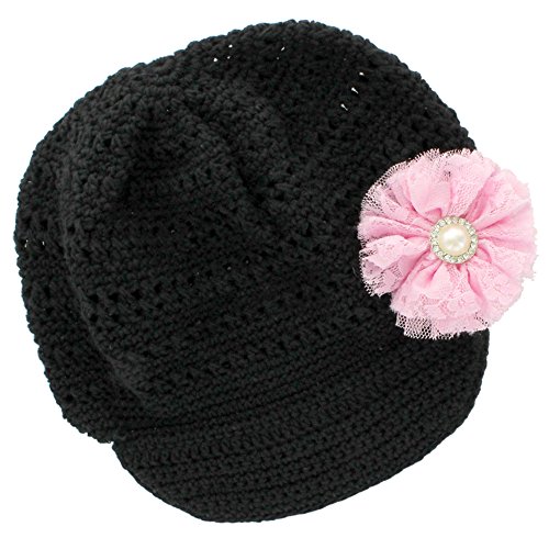 My Lello Infant Baby Girl's Newsboy Crochet Beanie Hat with Vintage Lace/Tulle Flower Black/Light Pink
